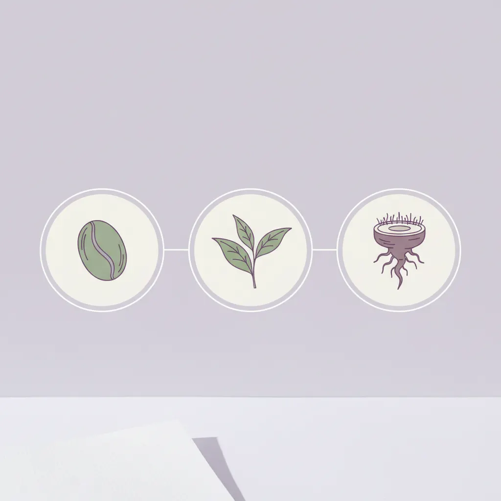 Botanical extract icons showing green coffee bean, green tea leaf and plant root - clean ingredient science graphic