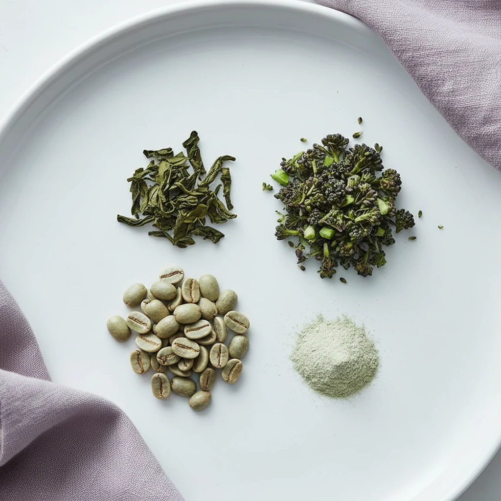 Green coffee beans, green tea leaves, broccoli pieces and botanical powder arranged on a white ceramic surface