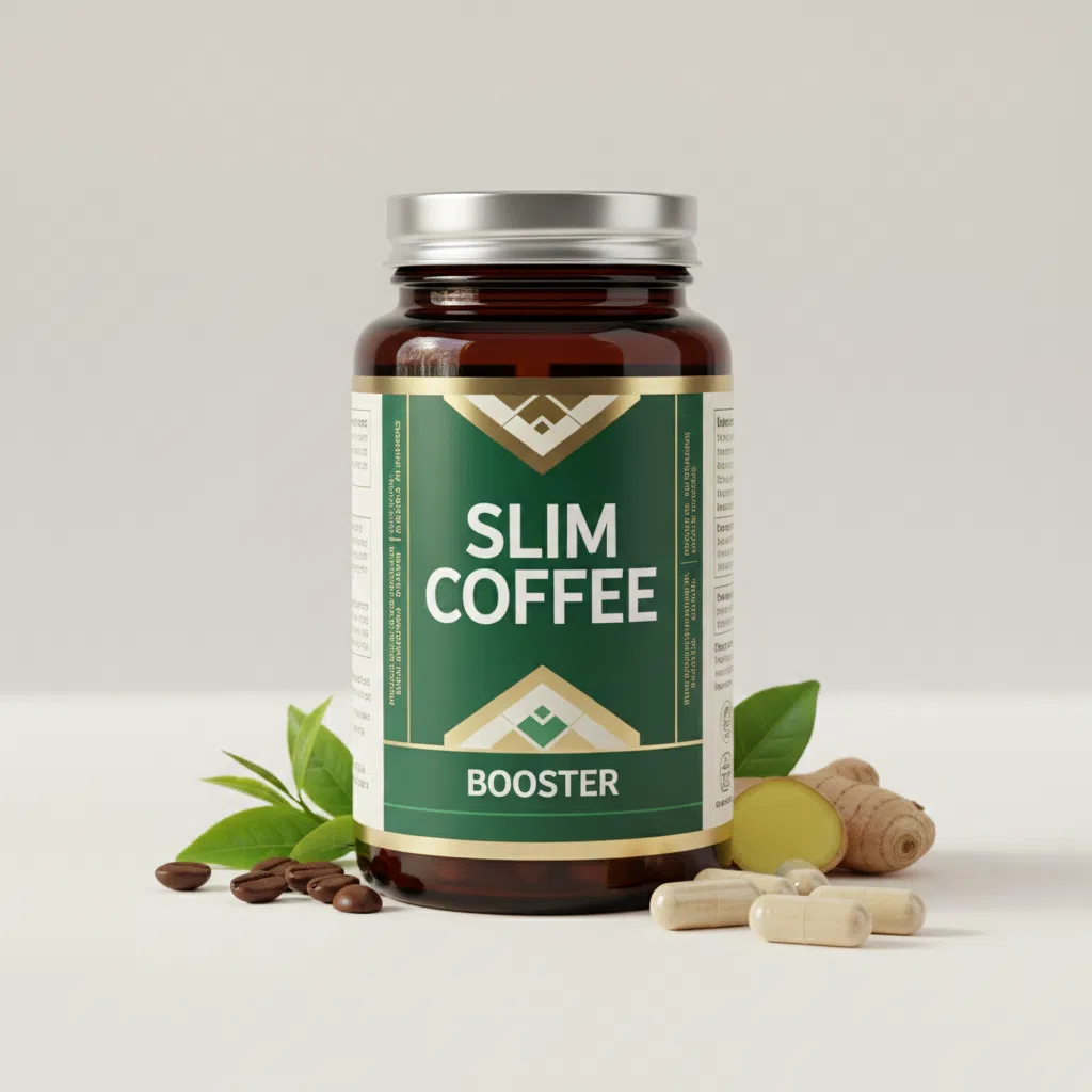 Slim Coffee Booster supplement box - dark navy with purple and rose-gold motif, plant-based metabolism support